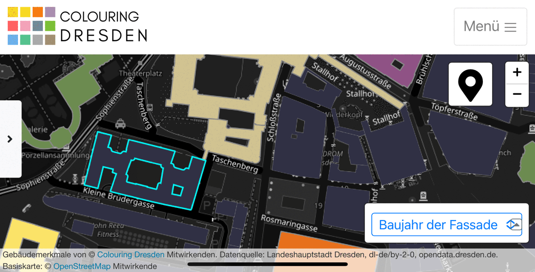 Screenshot der mobilen Webseite des Projekts "Colouring Dresden" mit einer Stadtkarte Dresdens und verschiedenen Menüpunkten.